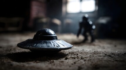 A toy UFO rests on a textured ground with a blurred alien figurine looming in the dramatic low light background