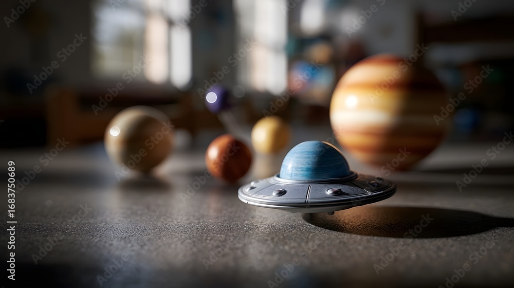 Poster a close up of a toy ufo placed among spherical planet models from a solar system kit on a table crea