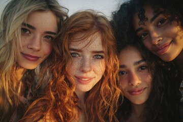 Close-up portrait of four young women with diverse hairstyles and warm tones, showcasing natural beauty and friendship.
