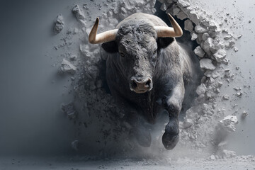 A powerful bull bursting through a wall, symbolizing strength and determination. The bull has massive horns and an intimidating presence. The wall is broken with the strong impact 