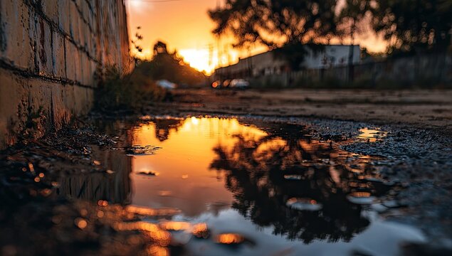 Sunset reflected in a puddle, urban alley (1)