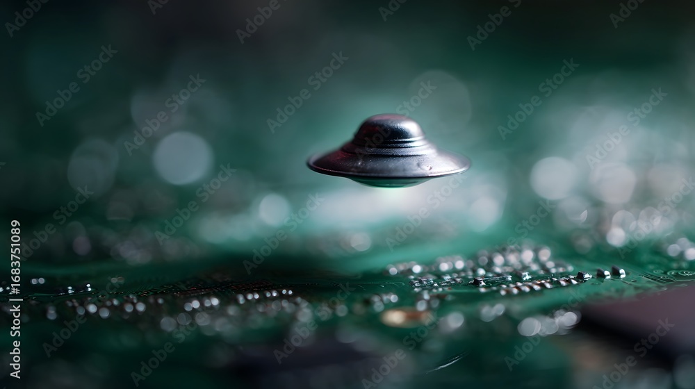 Poster a miniature metallic ufo toy with a glowing base hovers mysteriously above a detailed green circuit 