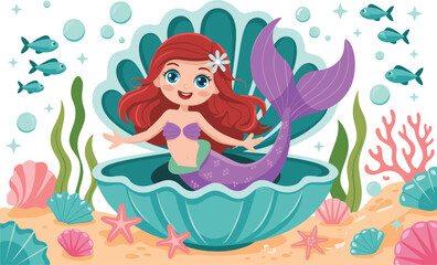 Art & IllustrationCute underwater mermaids illustration, fantasy sea princess characters, colorful cartoon sirens with tails, shells, crowns, seaweed, and bubbles.
