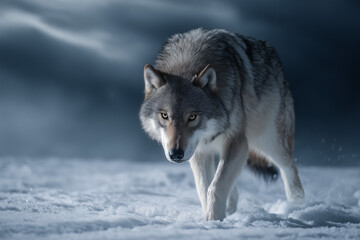 Obraz premium A captivating close-up of a lone wolf confidently walking through a snowy landscape. The wolf's intense gaze draws the viewer in, showcasing its strength and wild beauty