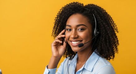 Friendly African American female call center agent wearing a headset and smiling, offering professional customer support against a vibrant yellow wall.