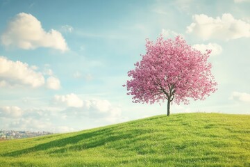 Naklejka premium A solitary blossoming cherry tree stands sentinel on a verdant hilltop, bathed in soft sunlight against a backdrop of a clear azure sky dotted with fluffy white clouds.