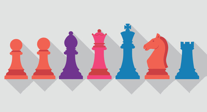 Colorful chess pieces in a row, isolated on white background, perfect for strategy game content creation and promoting intellectual stimulation