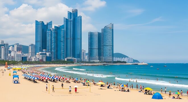 Busy beach with highrise buildings and blue ocean on a sunny day
