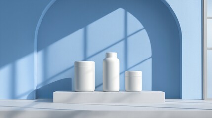 Tres botes de producto de plástico en blanco en un podio sobre  fondo liso azul, mockup