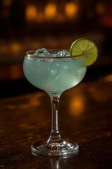 Daiquiri cocktail with lime garnish in coupe glass.