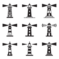 Set Lighthouse icon. Vector concept illustration for design. Vector black silhouette. with white background