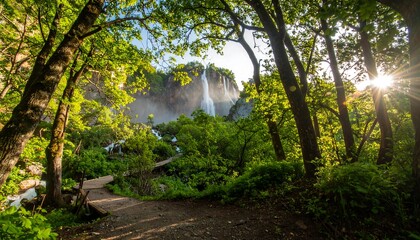 Lush forest path leading to a waterfall