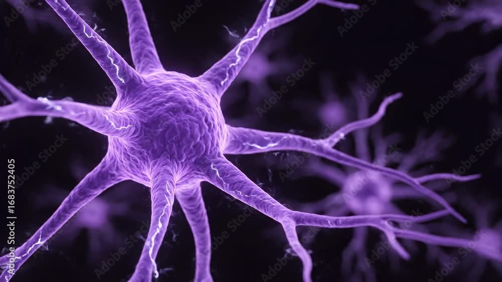 Poster glowing purple neuron network - close-up view of a vibrant purple neuron with intricate branching de