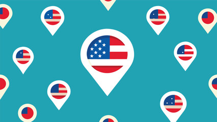 Pattern of location pins with american flags on a teal background