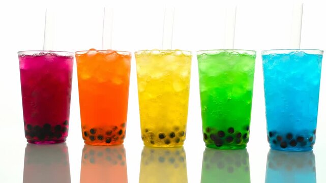 Rainbow Bubble Tea Gradient - Five glasses of vibrant bubble tea in a rainbow gradient, filled with ice and boba pearls, are arranged on a reflective surface against a white background.