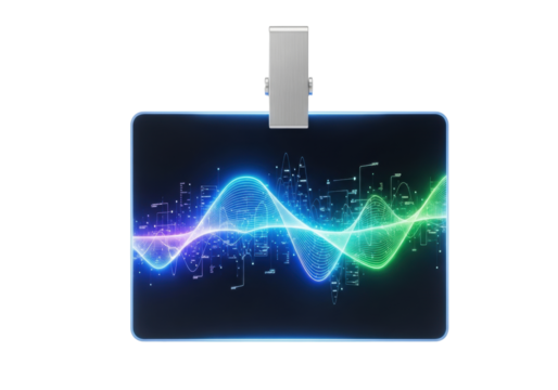 Close-up of futuristic digital UI with glowing lines and cool-toned data, held by a sleek titanium clamp on a transparent background, concept of technological innovation.