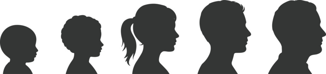 Human growth, child to adult, aging silhouette, life stages, profile evolution, development concept, black figures, maturity timeline, generational change, identity shift
