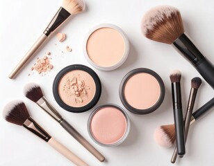 Makeup, powder, and brushes arranged