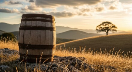 Obraz premium Rustic wooden barrel stands on a rocky outcrop bathed in golden hour sunlight