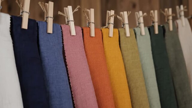 Colorful Plant-Dyed Fabric Swatches - A row of colorful plant-dyed fabric swatches hang from wooden clips against a rustic wooden background.