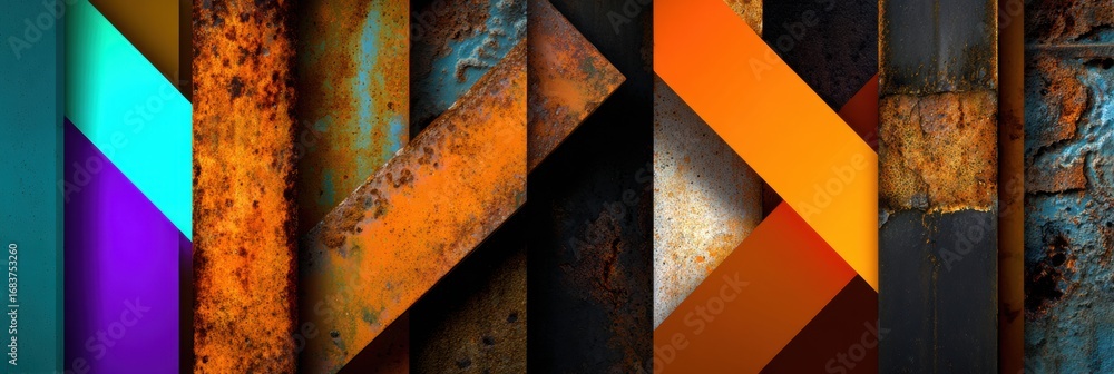 Poster vibrant geometric patterns on textured surfaces with rust and contrasting colors during daylight