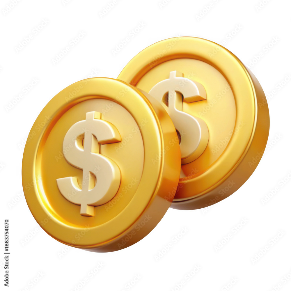 Poster 3d golden coins with dollar symbol realistic render for finance and wealth concepts transparent back