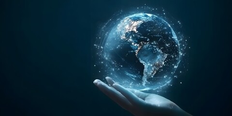  A hand holding a holographic representation of the Earth, a digital technology concept with a dark blue color tone. 