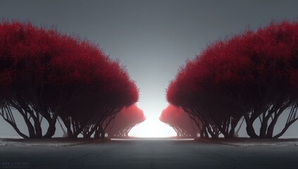 A symmetrical avenue of crimson trees leads to a bright center point in a misty landscape