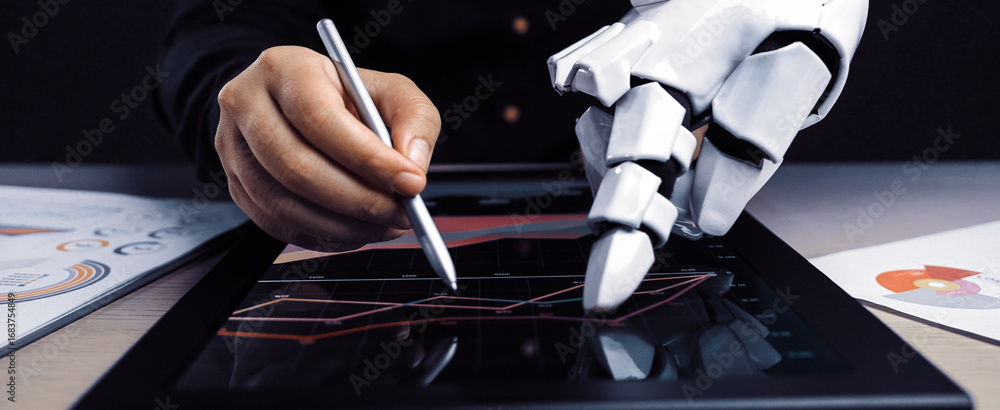 Poster a dynamic scene showing a robotic hand interacting with a tablet, illustrating data analysis through
