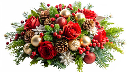 Festive Christmas floral arrangement with roses and ornaments on transparent background