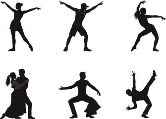 Dance silhouette vector illustration, modern dance, breakdance, couple dancing, jazz movement, expressive dancer poses, choreography, black dancers, energetic motion art