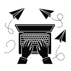 Hands typing on laptop with paper airplanes flying around