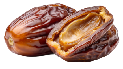 Delicious Medjool Dates Close Up One Cut Open on transparent background