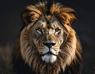 Majestic lion portrait with a rich mane and intense gaze against a soft background