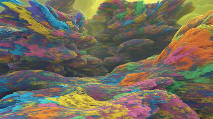 Fototapeta premium Vibrant abstract landscape of colorful jagged mountains under a hazy yellow sky