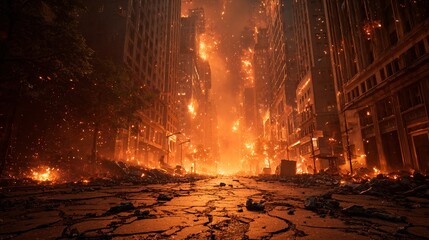 Apocalyptic City Street Engulfed in Flames and Destruction