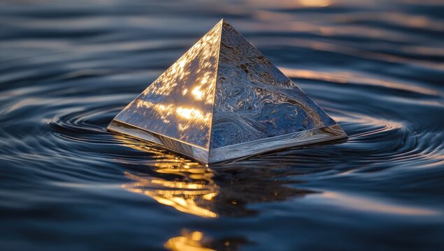 A clear pyramid floats on rippling water, reflecting light