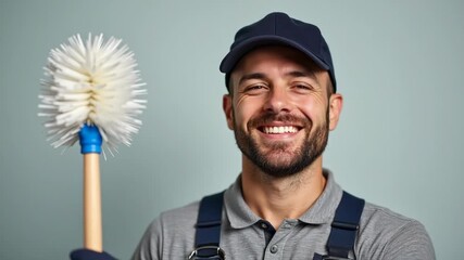 Friendly plumber showcasing toilet brush with welcoming professional demeanor
