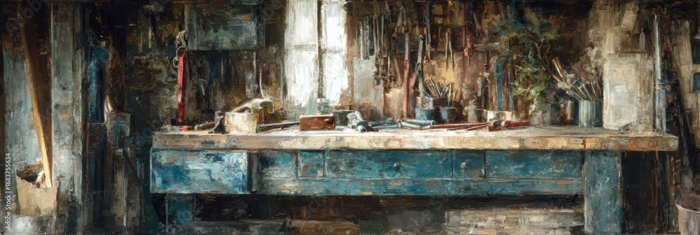 Poster rustic workshop filled with tools and materials in a natural light setting