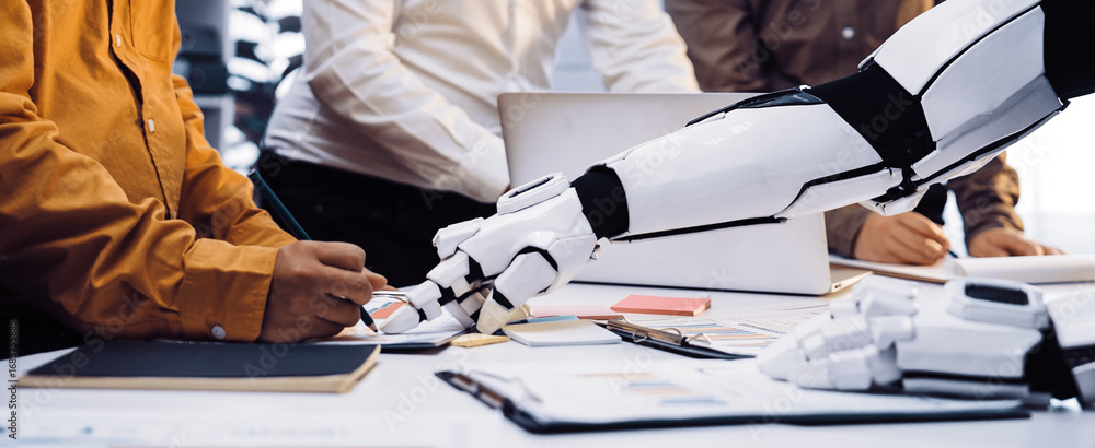 Poster a futuristic scene shows a human interacting with a robotic arm in a modern office, exemplifying the