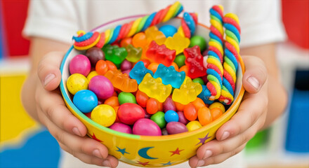 A child holding a yellow bowl filled with colorful candies and sweets in their hands close to the camera view