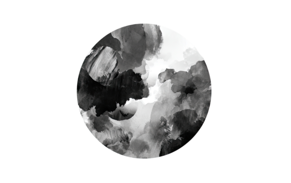 Abstract monochrome circle, resembling a planet or sphere, with textured, blended grayscale ink or paint clouds