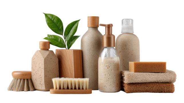 Natural, earthy-toned bath and body products displayed in a horizontal arrangement, with green leaves adding a touch of freshness.  Wooden accessories and containers are evident