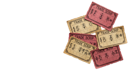 Aged, worn 'trade scrip' notes, crimson & beige, intricate symbols, scattered on white, left copy space, soft studio light, concept of trade history and community