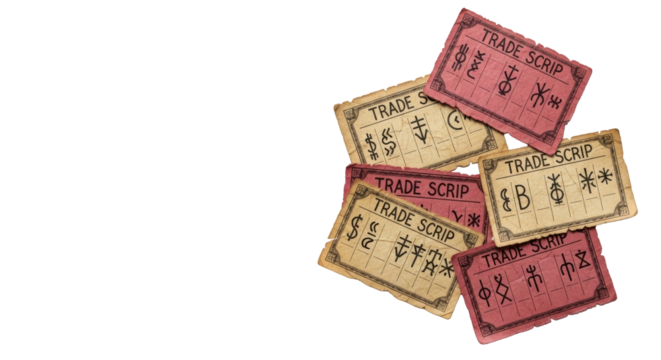 Aged, worn 'trade scrip' notes, crimson & beige, intricate symbols, scattered on white, left copy space, soft studio light, concept of trade history and community