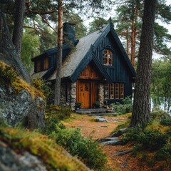 Dark wooden cabin nestled in a misty forest
