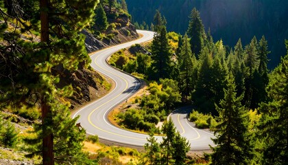 Winding mountain road through lush forest
