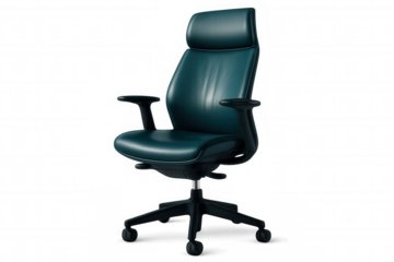 Teal office chair with adjustable height and armrests, isolated on transparent background, ideal for workspace designs