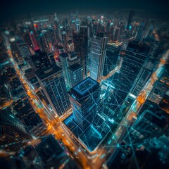 Aerial View of Smart City at Night with Digital Network Connections