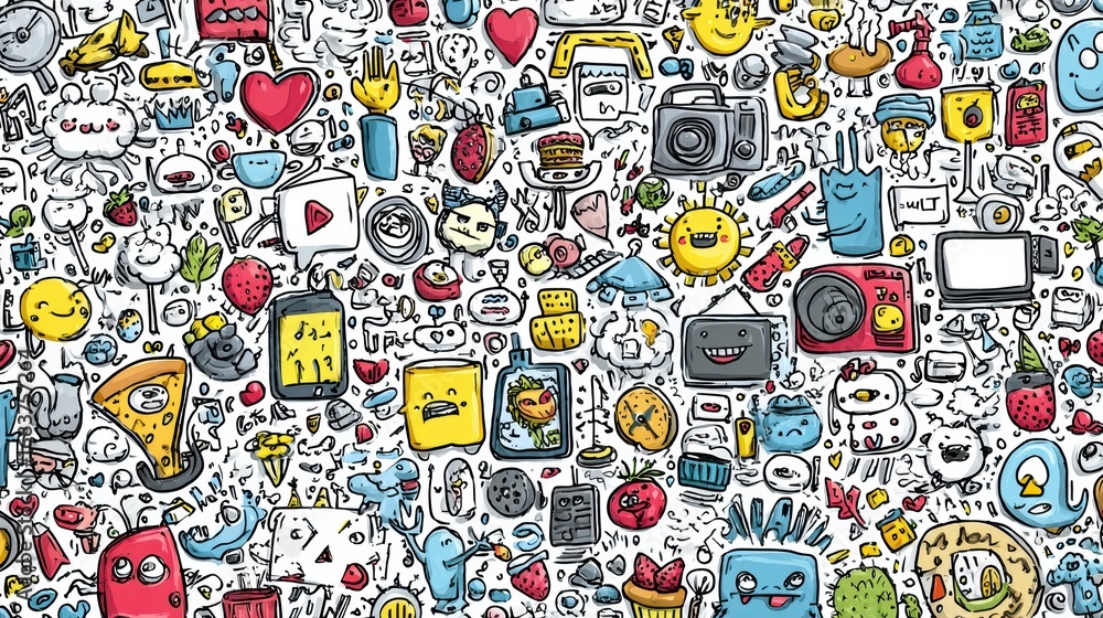 Poster colorful collage of playful illustrations featuring various objects and characters in a whimsical ar